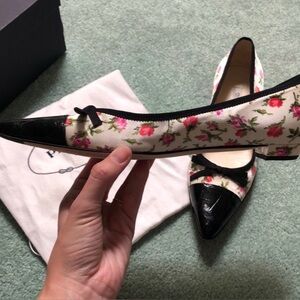 PRADA—Pristine Rose-Studded White & Black Flats, 8.5